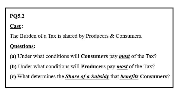 PQ5.2
Case:
The Burden of a Tax is shared by Producers & Consumers.
Questions:
(a) Under what conditions will Consumers pay most of the Tax?
(b) Under what conditions will Producers pay most of the Tax?
(c) What determines the Share of a Subsidy that benefits Consumers?