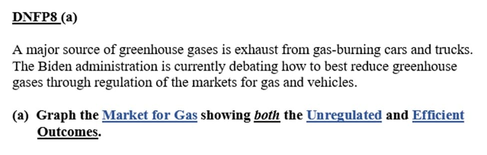 DNFP8 (a)
A major source of greenhouse gases is exhaust from gas-burning cars and trucks.
The Biden administration is currently debating how to best reduce greenhouse
gases through regulation of the markets for gas and vehicles.
(a) Graph the Market for Gas showing both the Unregulated and Efficient
Outcomes.