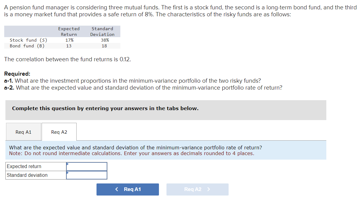 A pension fund manager is considering three mutual funds. The first is a stock fund, the second is a long-term bond fund, and the third
is a money market fund that provides a safe return of 8%. The characteristics of the risky funds are as follows:
Stock fund (S)
Bond fund (B)
Expected
Return
17%
Standard
Deviation
38%
13
18
The correlation between the fund returns is 0.12.
Required:
a-1. What are the investment proportions in the minimum-variance portfolio of the two risky funds?
a-2. What are the expected value and standard deviation of the minimum-variance portfolio rate of return?
Complete this question by entering your answers in the tabs below.
Req A1
Req A2
What are the expected value and standard deviation of the minimum-variance portfolio rate of return?
Note: Do not round intermediate calculations. Enter your answers as decimals rounded to 4 places.
Expected return
Standard deviation
< Req A1
Req A2 >