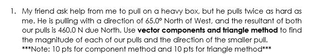 1. My friend ask help from me to pull on a heavy box, but he pulls twice as hard as
me. He is pulling with a direction of 65.0° North of West, and the resultant of both
our pulls is 460.0 N due North. Use vector components and triangle method to find
the magnitude of each of our pulls and the direction of the smaller pull.
***Note: 10 pts for component method and 10 pts for triangle method***
