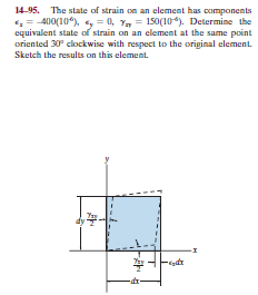 14-95. The state of strain on an element has components
4= 400(104), , = 0, Y,= 150(10). Determine the
equivalent state of strain on an element at the same point
oriented 30 clockwise with respect to the original element.
Sketch the results on this element.
