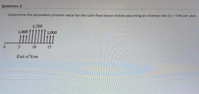 Question 2
Determine the equivalent present value for the cash flow shown below assuming an interest rate (0) = 10% per year,
1,700
1,000
1,000
10
15
End of Year
