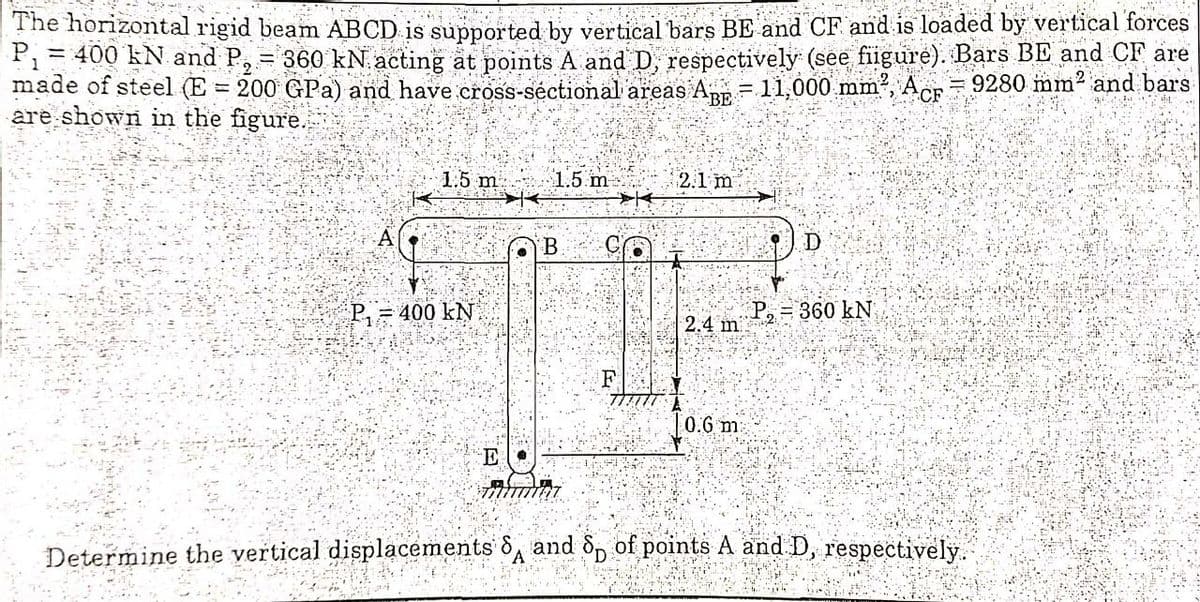 The horizontal rigid beam ABCD is supported by vertical bars BE and CF and is loaded by vertical forces
F1= 400 EN and P, = 360 kN acting at points A and D, respectively (see fiigure). Bars BE and CF are
made of steel (E = 200 GPa) and have cross-séctional areas App =11,000 mm², ACF
are shown in the figure.
= 9280 mm2 and bars
BE
1.5 m
1.5 m
2.1 m
B.
P=400 kN
=360 kN
2.4 m
0.6 m
E
לללה.
Determine the vertical displacements 8A and op of points A and D, respectively.
