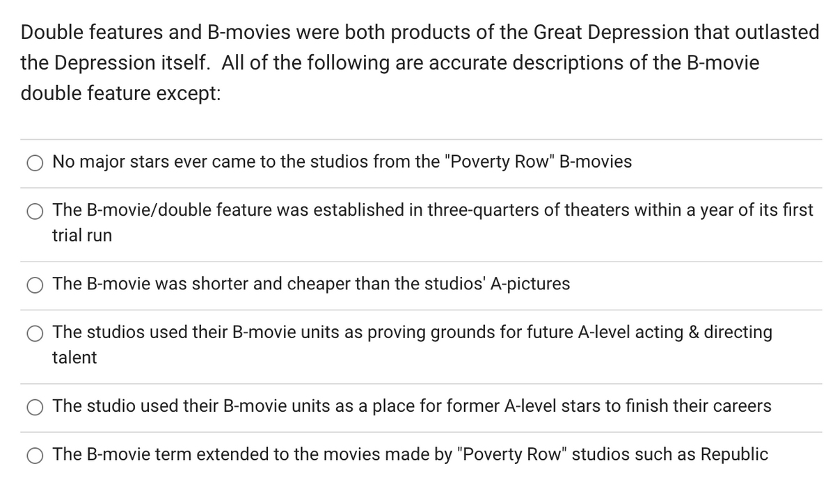 Double features and B-movies were both products of the Great Depression that outlasted
the Depression itself. All of the following are accurate descriptions of the B-movie
double feature except:
No major stars ever came to the studios from the "Poverty Row" B-movies
The B-movie/double feature was established in three-quarters of theaters within a year of its first
trial run
The B-movie was shorter and cheaper than the studios' A-pictures
The studios used their B-movie units as proving grounds for future A-level acting & directing
talent
The studio used their B-movie units as a place for former A-level stars to finish their careers
The B-movie term extended to the movies made by "Poverty Row" studios such as Republic
