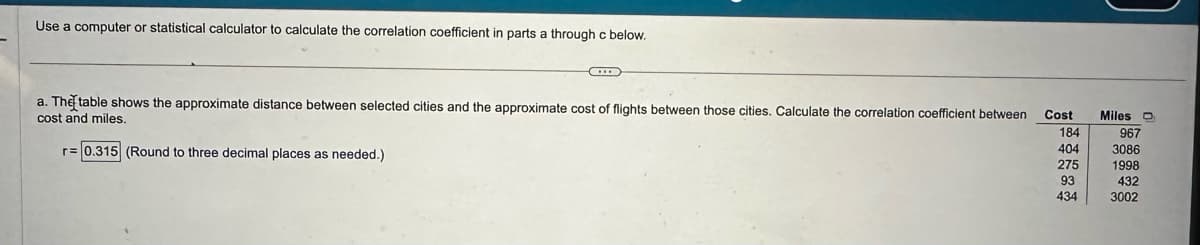 Use a computer or statistical calculator to calculate the correlation coefficient in parts a through c below.
a. The table shows the approximate distance between selected cities and the approximate cost of flights between those cities. Calculate the correlation coefficient between
cost and miles.
r=0.315 (Round to three decimal places as needed.)
Cost
Miles
184
967
404
3086
275
1998
93
432
434
3002