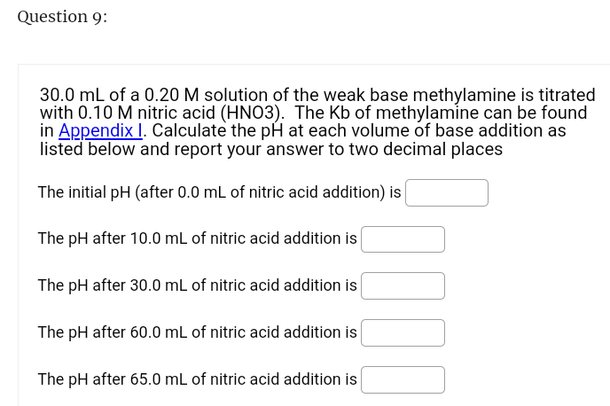 Question 9:
30.0 mL of a 0.20 M solution of the weak base methylamine is titrated
with 0.10 M nitric acid (HNO3). The Kb of methylamine can be found
in Appendix I. Calculate the pH at each volume of base addition as
listed below and report your answer to two decimal places
The initial pH (after 0.0 mL of nitric acid addition) is
The pH after 10.0 mL of nitric acid addition is
The pH after 30.0 mL of nitric acid addition is
The pH after 60.0 mL of nitric acid addition is
The pH after 65.0 mL of nitric acid addition is
100