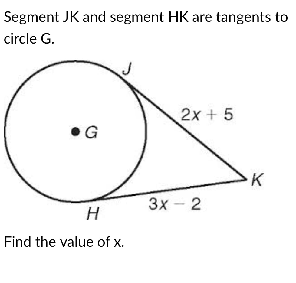 Segment JK and segment HK are tangents to
circle G.
2x + 5
G
K
Зх - 2
H.
Find the value of x.
