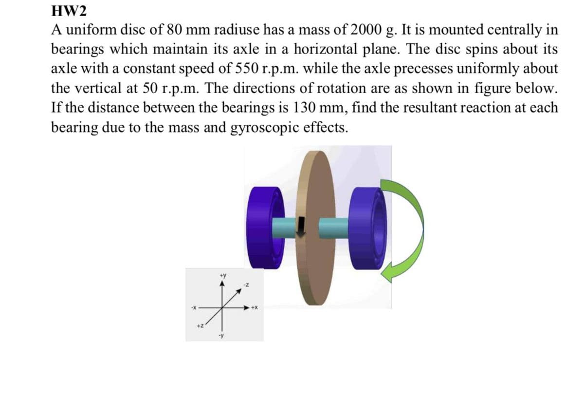 HW2
A uniform disc of 80 mm radiuse has a mass of 2000 g. It is mounted centrally in
bearings which maintain its axle in a horizontal plane. The disc spins about its
axle with a constant speed of 550 r.p.m. while the axle precesses uniformly about
the vertical at 50 r.p.m. The directions of rotation are as shown in figure below.
If the distance between the bearings is 130 mm, find the resultant reaction at each
bearing due to the mass and gyroscopic effects.
+y
+Z
