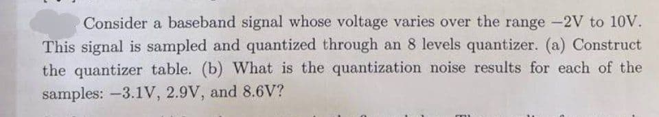 O Consider a baseband signal whose voltage varies over the range -2V to 10V.
This signal is sampled and quantized through an 8 levels quantizer. (a) Construct
the quantizer table. (b) What is the quantization noise results for each of the
samples: -3.1V, 2.9V, and 8.6V?
m