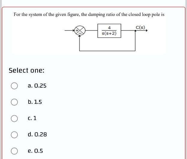 For the system of the given figure, the damping ratio of the closed loop pole is
4
C(s)
s(s+2)
Select one:
a. 0.25
b. 1.5
с. 1
d. 0.28
е. О.5
