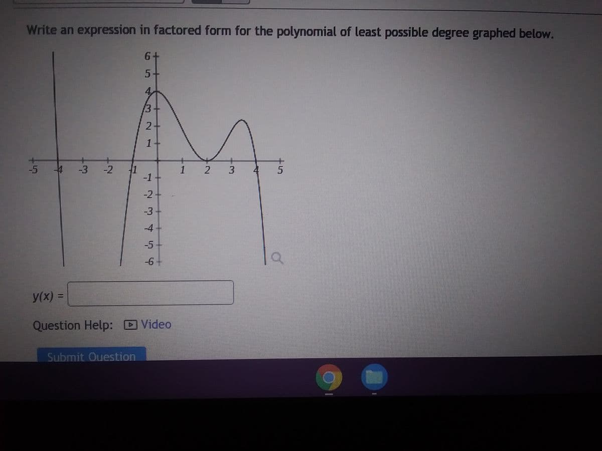 Write an expression in factored form for the polynomial of least possible degree graphed below.
-5 4 -3 -2
1
6+
5+
Submit Question
13
2+
1
7777 4 4
-1
-2 -
y(x) =
Question Help: Video
1 2
3 4
5
Se