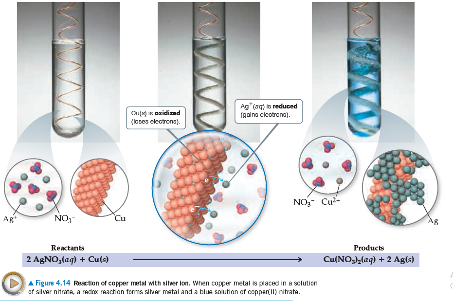 Ag*(aq) is reduced
Cu(s) is oxidized
(loses electrons).
(gains electrons).
NO3- Cu2+
Ag+
NO3-
Cu
Ag
Reactants
Products
2 AgNO3(aq) + Cu(s)
Cu(NO3)2(aq) + 2 Ag(s)
A Figure 4.14 Reaction of copper metal with silver lon. When copper metal is placed in a solution
of silver nitrate, a redox reaction forms silver metal and a blue solution of copper(II) nitrate.
