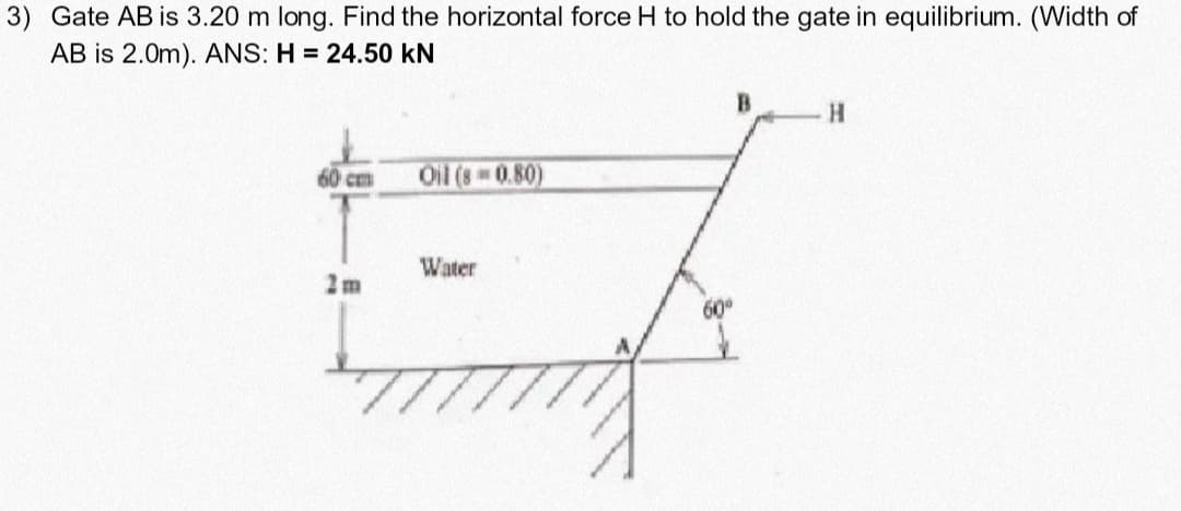 3) Gate AB is 3.20 m long. Find the horizontal force H to hold the gate in equilibrium. (Width of
AB is 2.0m). ANS: H = 24.50 kN
60 cm
2m
Oil (80.80)
Water
A
B
H