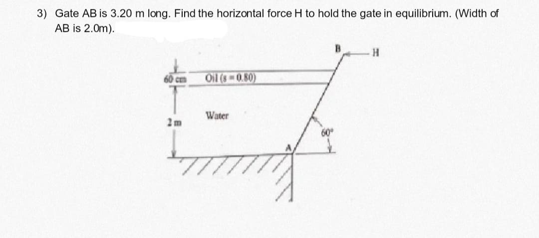 3) Gate AB is 3.20 m long. Find the horizontal force H to hold the gate in equilibrium. (Width of
AB is 2.0m).
60 cm Oil (8 0.80)
Water
60°
H