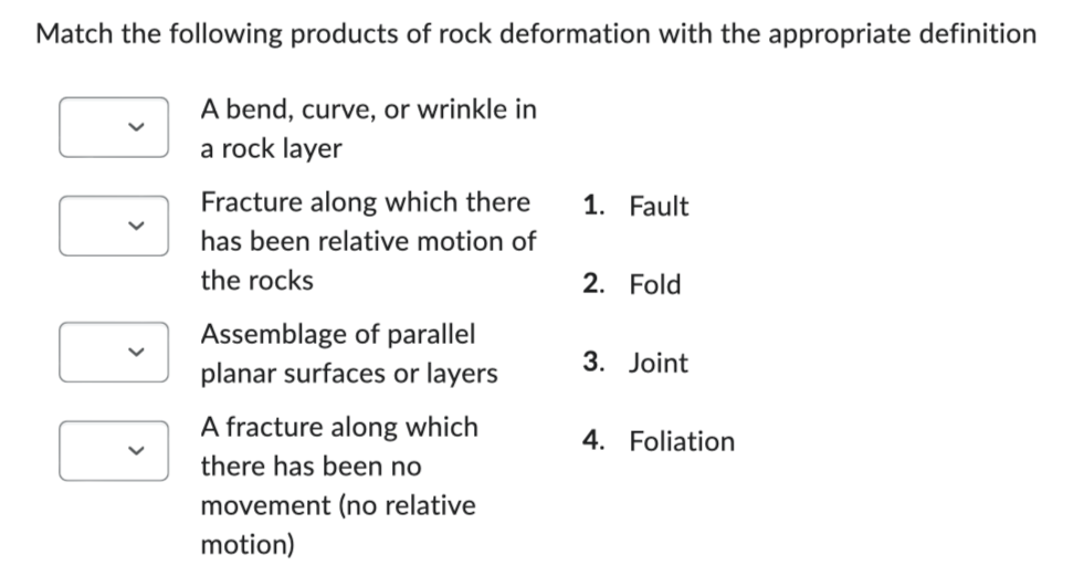 Match the following products of rock deformation with the appropriate definition
A bend, curve, or wrinkle in
a rock layer
Fracture along which there
has been relative motion of
the rocks
Assemblage of parallel
planar surfaces or layers
A fracture along which
there has been no
movement (no relative
motion)
1. Fault
2. Fold
3. Joint
4. Foliation