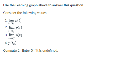 Use the Learning graph above to answer this question.
Consider the following values.
1. lim p(t)
2. lim p(t)
3. lim p(t)
4.p(t₂)
Compute 2. Enter O if it is undefined.