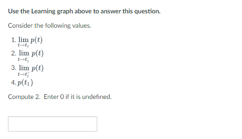 Use the Learning graph above to answer this question.
Consider the following values.
1. lim p(t)
2. lim p(t)
3. lim p(t)
t-tf
4.p(t₁)
Compute 2. Enter O if it is undefined.