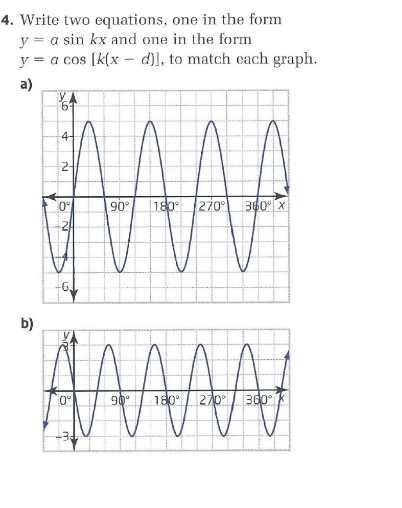 4. Write two equations, one in the form
y = a sin kx and one in the form
y = a cos [k(x - d)], to match each graph.
a)
b)
64
4-
2-
0°
2/
0°
90°
-34
180° 270°
AMAAN
90° 180° 270° 360°
360° X