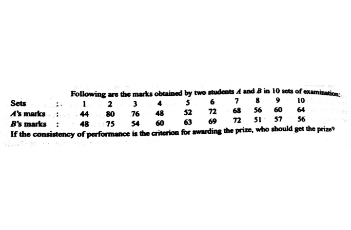 Following are the marks obtained by two students A and B in 10 sets of examination
6
7 8 9
10
1 2 3 4
80
Sets
5
A's marks :
44
76
48
52
72
68
56
60
64
72
SI
57
56
B's marks :
If the consistency of performance is the criterion for awarding the prize, who should get the prize?
48
75
54
60
63
69
