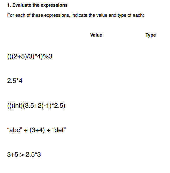 1. Evaluate the expressions
For each of these expressions, indicate the value and type of each:
Value
Туре
(((2+5)/3)*4)%3
2.5*4
((int)(3.5+2)-1)*2.5)
"abc" + (3+4) + “def"
3+5 > 2.5*3
