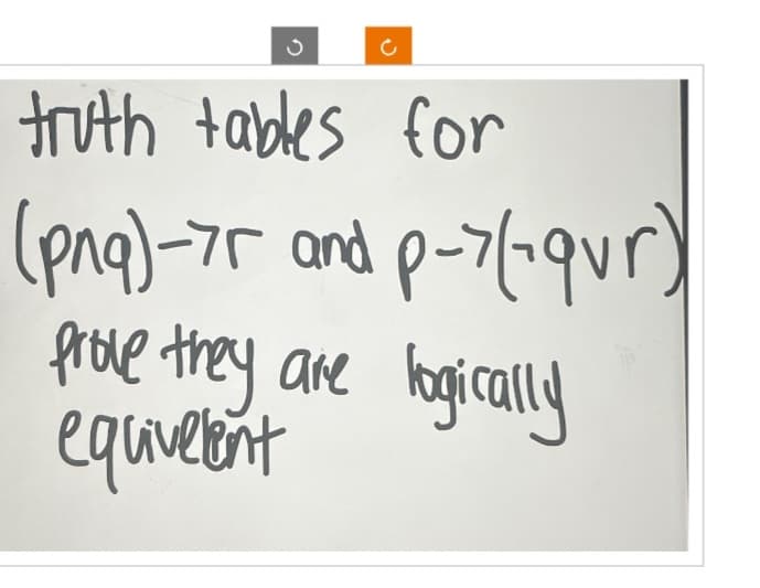 truth tables for
(png)-7r and p->(-qur)
prove they are
equivelent
logically