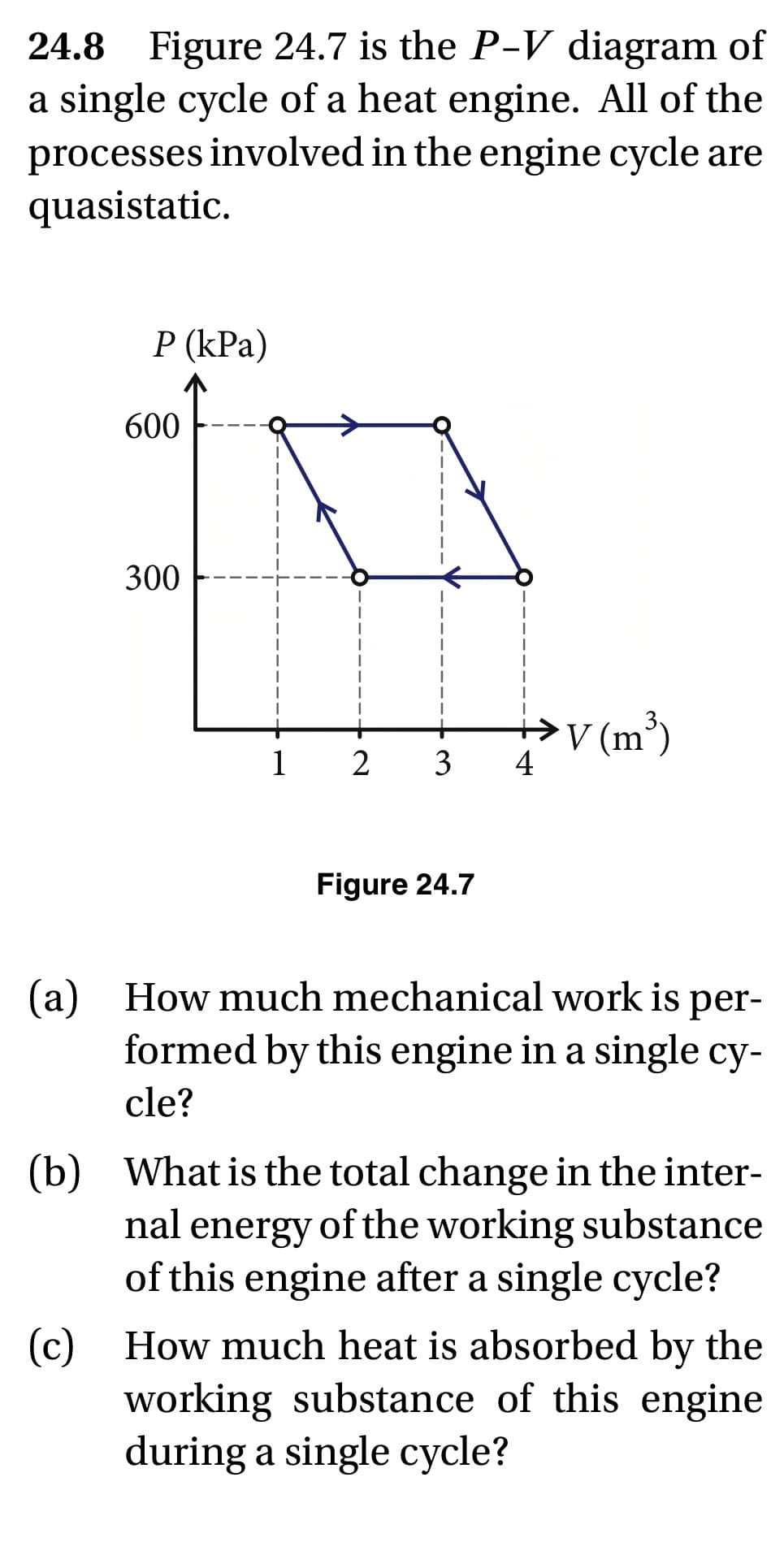 24.8 Figure 24.7 is the P-V diagram of
a single cycle of a heat engine. All of the
processes involved in the engine cycle are
quasistatic.
P (kPa)
V (m³)
2 3
Figure 24.7
(a) How much mechanical work is per-
formed by this engine in a single cy-
cle?
(b) What is the total change in the inter-
nal energy of the working substance
of this engine after a single cycle?
(c)
How much heat is absorbed by the
working substance of this engine
during a single cycle?
600
300
1
4