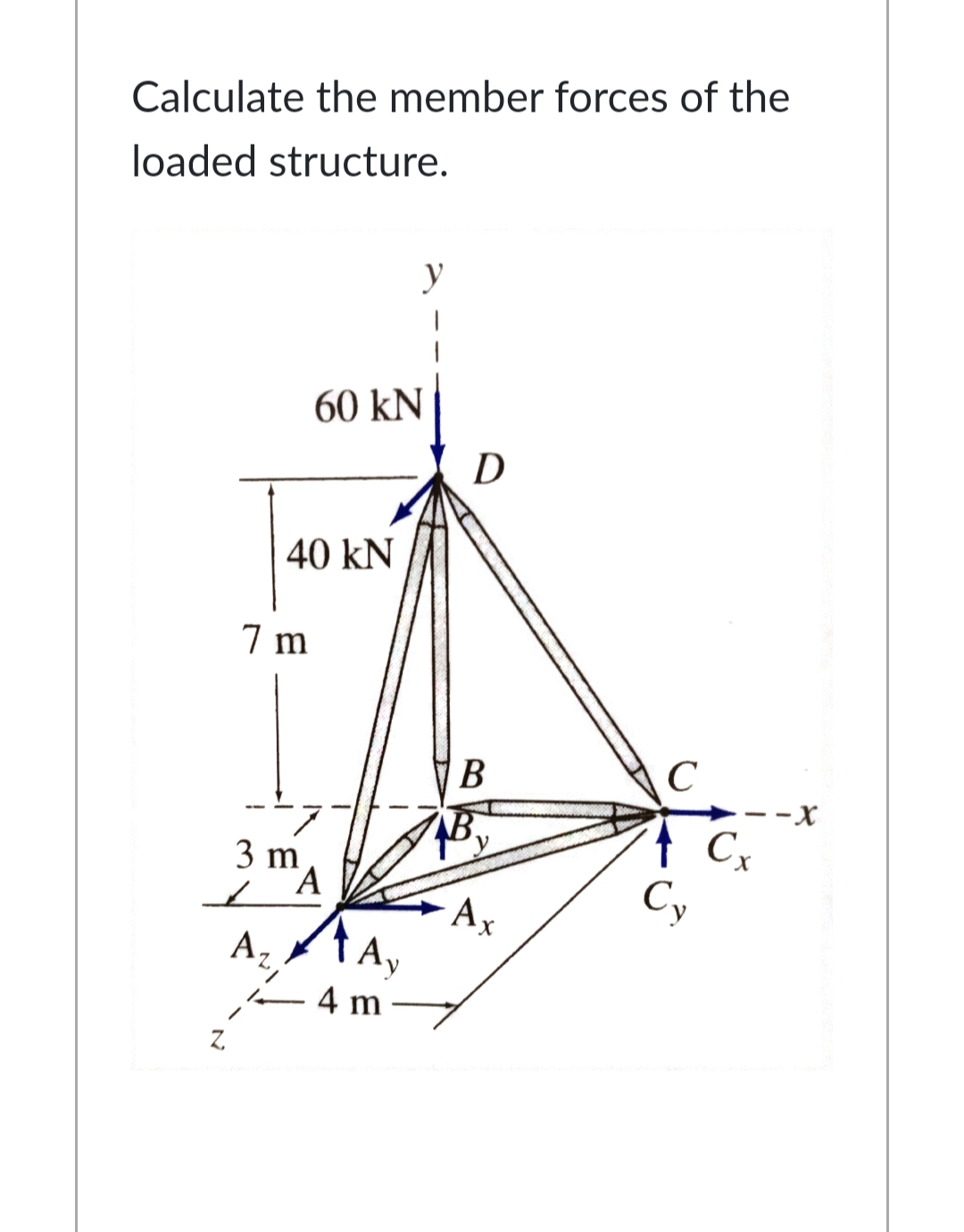 Calculate the member forces of the
loaded structure.
y
60 kN
D
40 kN
7 m
B
C
Cx
3 m
Cy
Ax
A,
-4 m
A,
Z.
