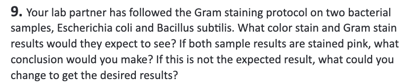 9. Your lab partner has followed the Gram staining protocol on two bacterial
samples, Escherichia coli and Bacillus subtilis. What color stain and Gram stain
results would they expect to see? If both sample results are stained pink, what
conclusion would you make? If this is not the expected result, what could you
change to get the desired results?
