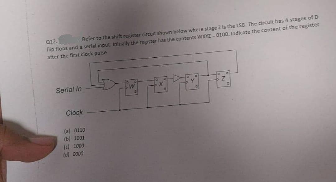 Q12.
Refer to the shift register circuit shown below where stage Z is the LSB. The circuit has 4 stages of D
flip flops and a serial input. Initially the register has the contents WXYZ = 0100. Indicate the content of the register
after the first clock pulse
Serial In
Clock
(a) 0110
(b) 1001
(c) 1000
(d) 0000
W
অপর
Z