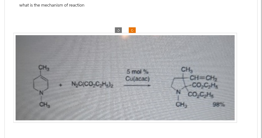 what is the mechanism of reaction
с
CH
5 mol %
Cu(acac)
CH₂
+ N₂C(CO₂C₂Hs)2
N
CH=CH2
-CO₂C₂H
N CO₂C₂H
CH
CH₂
98%