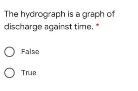 The hydrograph is a graph of
discharge against time. *
O False
True
