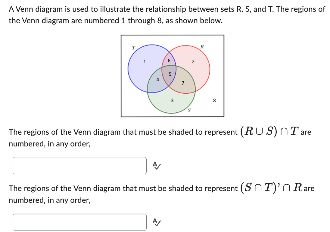 A Venn diagram is used to illustrate the relationship between sets R, S, and T. The regions of
the Venn diagram are numbered 1 through 8, as shown below.
R
1
6
3
8
S
The regions of the Venn diagram that must be shaded to represent (RUS) Tar
are
numbered, in any order,
The regions of the Venn diagram that must be shaded to represent (ST)'n Rare
numbered, in any order,
4
7
2