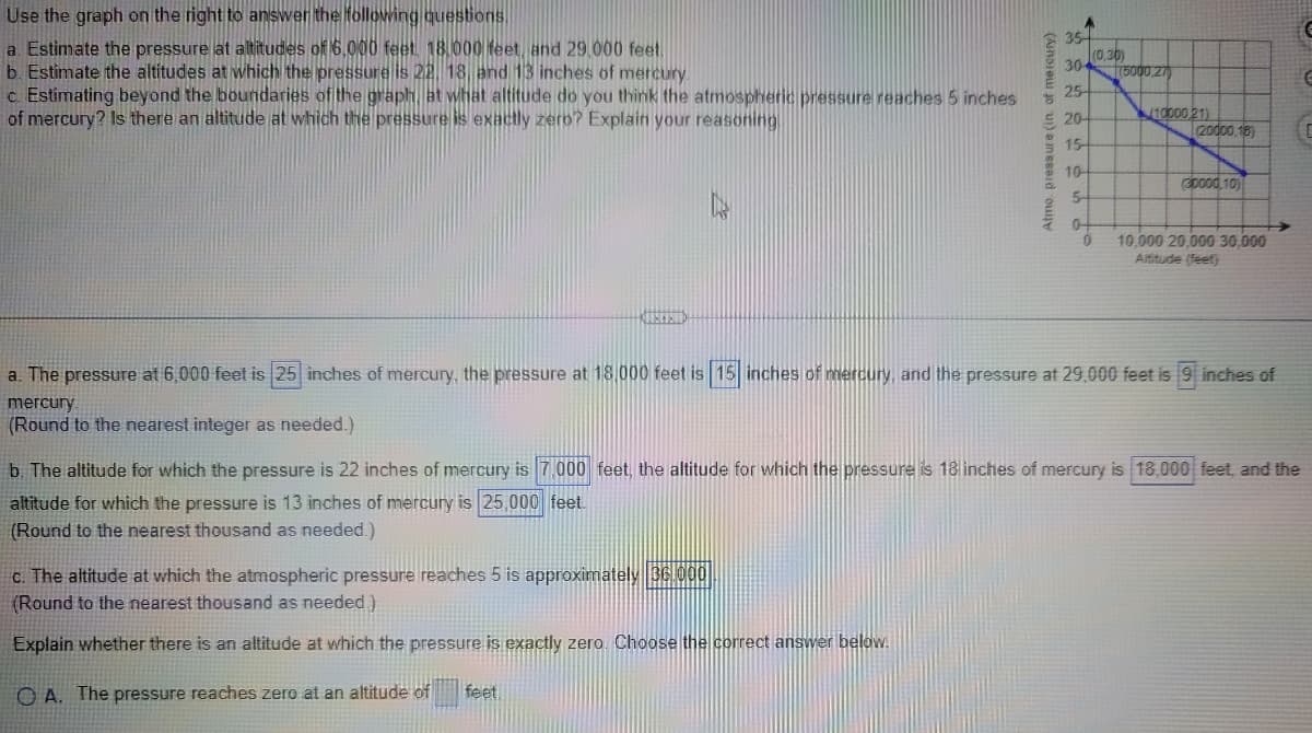 Use the graph on the right to answer the following questions.
a Estimate the pressure at altitudes of 6,000 feet. 18.000 feet, and 29,000 feet.
b. Estimate the altitudes at which the pressure is 22. 18 and 13 inches of mercury.
c. Estimating beyond the boundaries of the graph, at what altitude do you think the atmospheric pressure reaches 5 inches
of mercury? Is there an altitude at which the pressure is exactly zero? Explain your reasoning
(10000.21)
(20000,16)
(30000, 10)
10,000 20,000 30,000
Altitude (feet)
HUSETSUD
a. The pressure at 6,000 feet is 25 inches of mercury, the pressure at 18.000 feet is 15 inches of mercury, and the pressure at 29,000 feet is 9 inches of
mercury.
(Round to the nearest integer as needed.)
b. The altitude for which the pressure is 22 inches of mercury is 7.000 feet, the altitude for which the pressure is 18 inches of mercury is 18,000 feet, and the
altitude for which the pressure is 13 inches of mercury is 25,000 feet.
(Round to the nearest thousand as needed.)
c. The altitude at which the atmospheric pressure reaches 5 is approximately 36.000
(Round to the nearest thousand as needed.)
Explain whether there is an altitude at which the pressure is exactly zero. Choose the correct answer below.
OA. The pressure reaches zero at an altitude of feet
Atmo pressure (in. of mercury)
35-
304
25-
20-
15
10-
(0,30)
5
04
(5000 27)