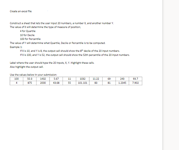 Create an excel file
Construct a sheet that lets the user input 20 numbers, a number X, and another number Y.
The value of X will determine the type of measure of position;
4 for Quartile
10 for Decile
100 for Percentile
The value of Y will determine what Quartile, Decile or Percentile is to be computed.
Example 1:
If X is 10, and Y is 8, the output cell should show the 8th decile of the 20 input numbers.
If X is 100, and Y is 52, the output cell should show the 52th percentile of the 20 input numbers.
Label where the user should type the 20 inputs, X, Y. Highlight these cells.
Also highlight the output cell.
Use the values below in your submission:
100
50.3
1432
5.67
11
1032
11.22
69
243
93.7
7.902
4
875
2000
43.68
55 101.101
83
81
1.2345