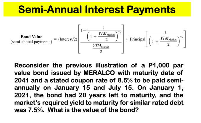 Semi-Annual Interest Payments
+
YTM Market
2
Bond Value
(semi-annual payments)
(Interest/2)
+ Principal
incipe [ (1 + ²]
YTM Market
2
YTM Market
2
Reconsider the previous illustration of a P1,000 par
value bond issued by MERALCO with maturity date of
2041 and a stated coupon rate of 8.5% to be paid semi-
annually on January 15 and July 15. On January 1,
2021, the bond had 20 years left to maturity, and the
market's required yield to maturity for similar rated debt
was 7.5%. What is the value of the bond?