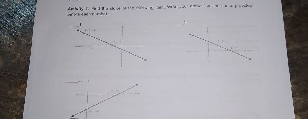 Activity 1: Find the slope of the following item. Write your answer on the space provided
before each number.
2.
1.
5. 21
1.0)
3.
