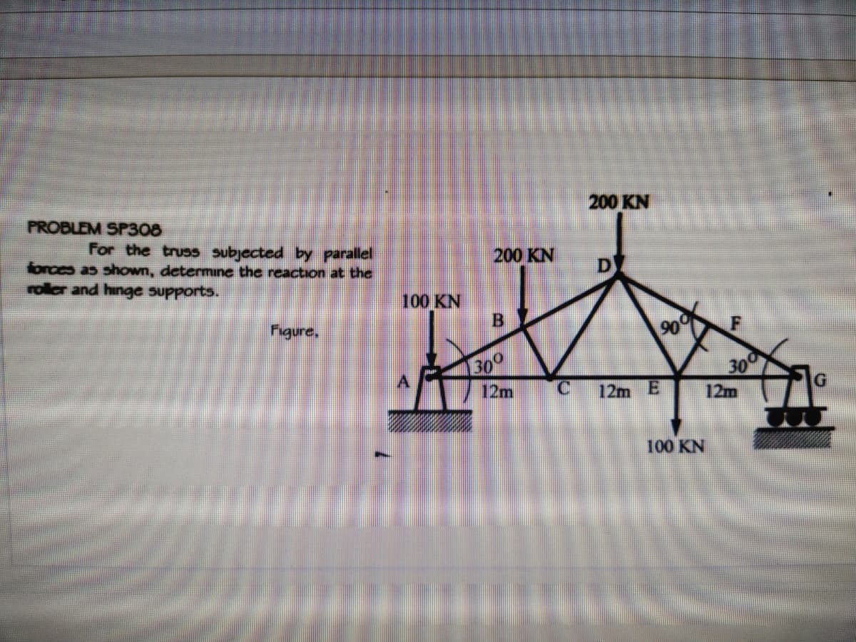 PROBLEM SP308
200 KN
For the truss subjected by parallel
forces as shown, determune the reaction at the
roller and hinge supports.
200 KN
100 KN
ngure,
B
900
B00
12m
300
12m
12m E
100 KN
