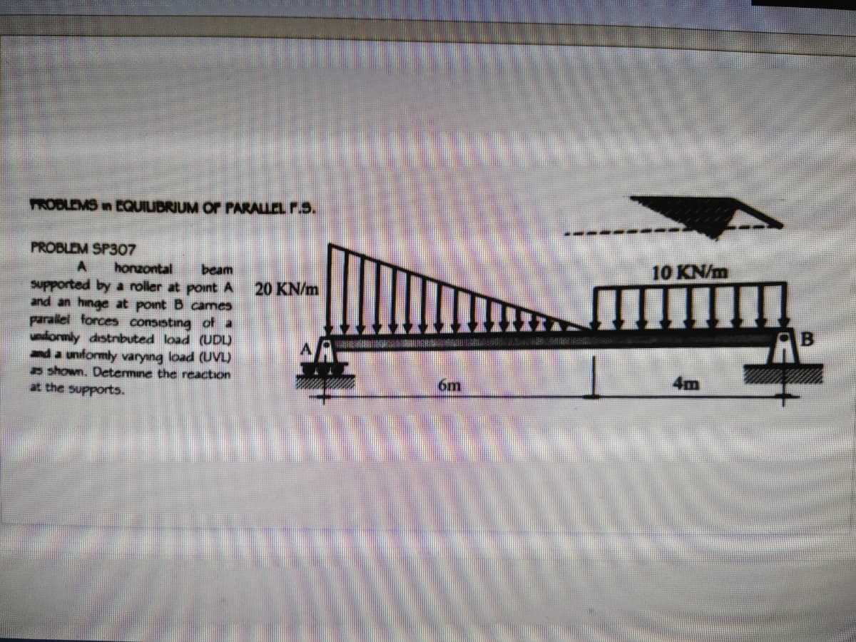 TROBLEMS in EQUILIBRIUM Or PARALLEL F.S.
PROBLEM SP307
10 KN/m
honzontal
beam
supported by a roller at point A
and an hinge at pont B cames
parallel forces consisting of a
undormly distnbuted load (UDL)
da uniformly varying load (UVL)
shown. Determine the reaction
at the supports.
20 KN/m
6m
4m
