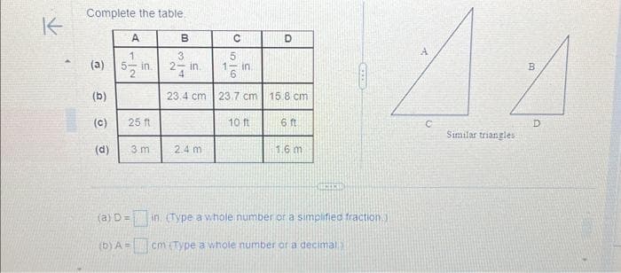 K
Complete the table.
(a)
(b)
(C)
(d)
A
1
5- in. 2
2
25 ft
3.m
(a) D =
(b) A =
CO
B
311
5
1- in.
6
4
23.4 cm 23.7 cm
in.
с
2.4 m
10 ft
D
15.8 cm
6 ft
1.6 m
RECEICHE
in. (Type a whole number or a simplified fraction.
cm (Type a whole number or a decimal
C
Similar triangles
B
D