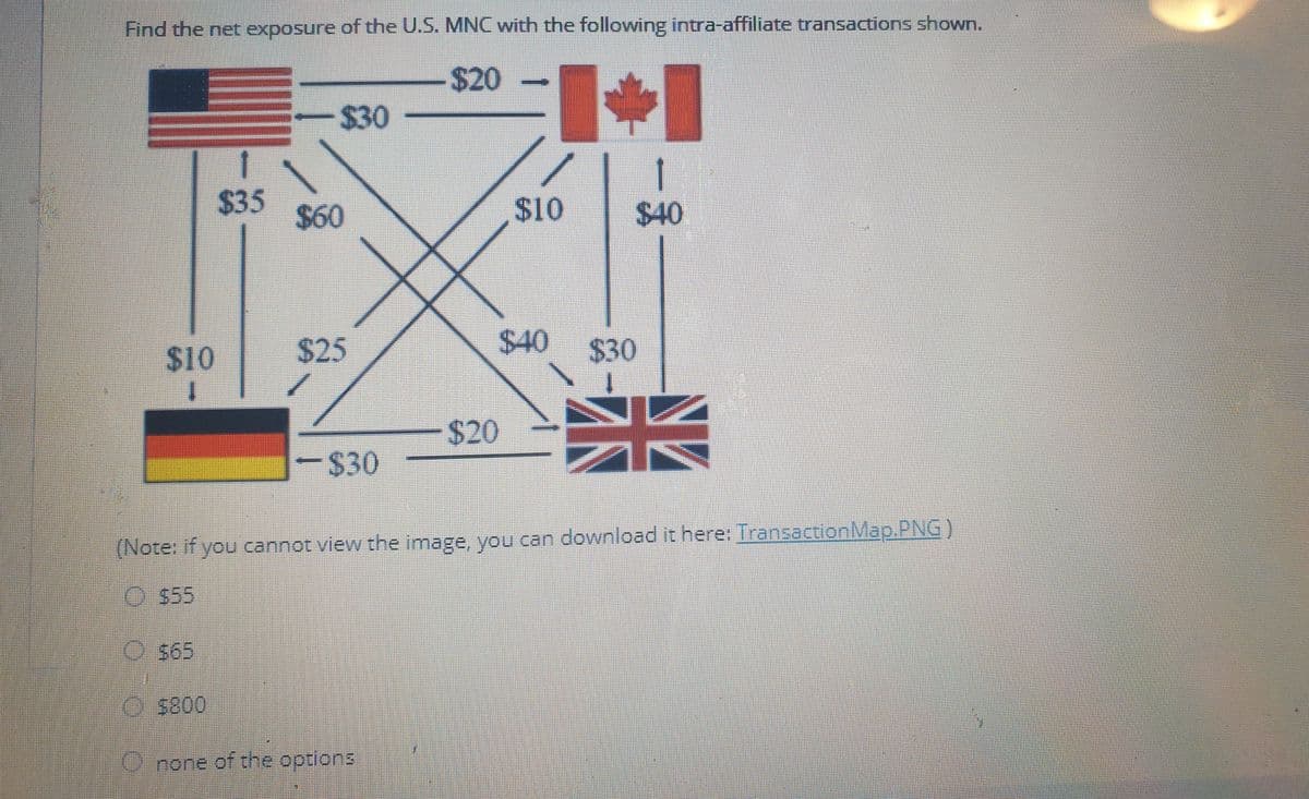 Find the net exposure of the U.S. MNC with the following intra-affiliate transactions shown.
$20
$30
1
$35
$60
%2410
$40
$25
$40
$30
210
1.
$20
-$30
$30
(Note: if you cannot view the image, you can download it here: TransactionMap.PNG)
O 555
OS65
O5800
O none of the options
