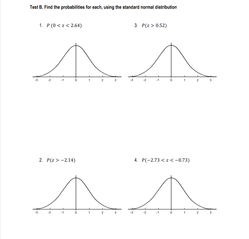 Test B. Find the probabilities for each, using the standard normal distribution
1. P (0 < z < 2.64)
3. P(z > 0.52)
-3
-2
-1
2
3
-2
-1
3
2. Р(г > -2.14)
4. Р(-2.73 < z<-0.73)
-3
-2
-1
2
-2
-1
