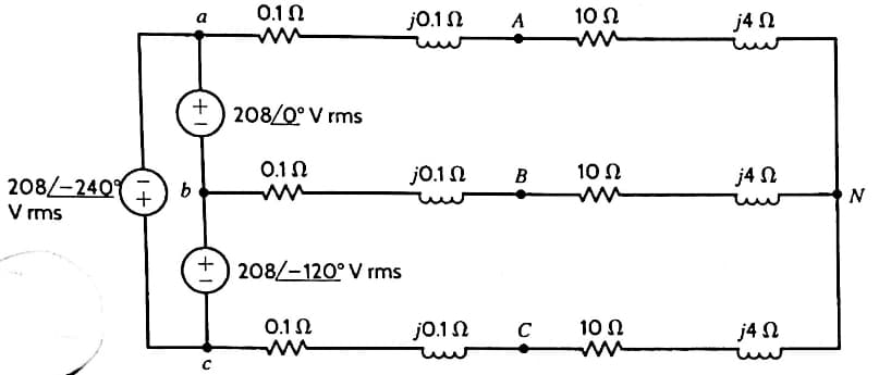 208/-2401
V rms
1+
b
+ ) 208/0° Vrms
+
0.1 Ω
C
ΟΙ Ω
Μ
208/–120° V rms
0.1 Ω
j0.1 Ω
j0.1 Ω
j0.1 Ω
A
B
C
10 Ω
10 Ω
10 Ω
j4 Ω
j4 Ω
j4 Ω
N