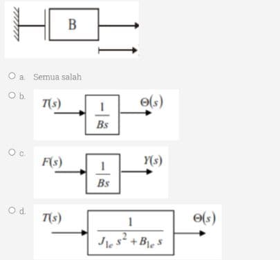 HO-
B
O a. Semua salah
O b.
Oc
O d.
T(s)
F(s)
T(s)
1
Bs
1
Bs
Y(s)
1
Jes+Bles
e(s)