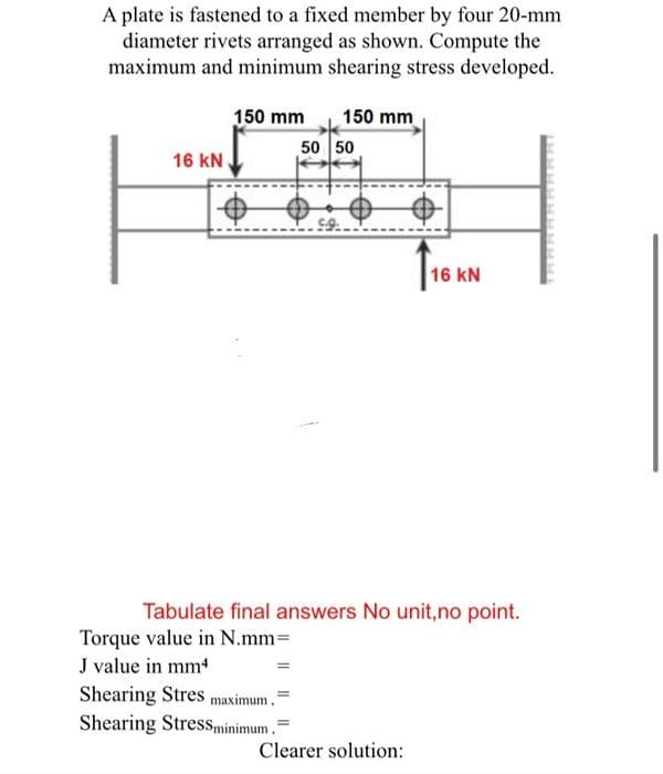 A plate is fastened to a fixed member by four 20-mm
diameter rivets arranged as shown. Compute the
maximum and minimum shearing stress developed.
150 mm
50 50
150 mm
16 kN.
16 kN
Tabulate final answers No unit,no point.
Torque value in N.mm=
J value in mmt
Shearing Stres maximum.
Shearing StressSminimum.
Clearer solution:
