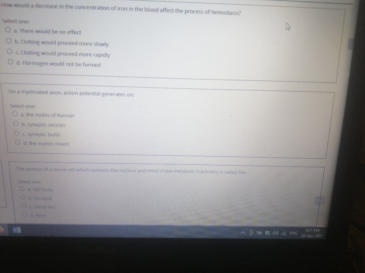 How would a decrease in the concentration of iron in the blood affect the process of hemostasis?
Select one:
a. There would be no effect
O b. Clotting would proceed more slowly
Oc. Clotting would proceed more rapidly
O d. Fibrinogen would not be formed
On a myelinated axon, action potential generates on:
Select one:
a. the nodes of Ranvier
O b. synaptiC vesidles
C. synaptic bulbs
O d. the myelin sheets
The portion of a nerve cell which contains the nucleus and most of the metabolic machinery is called the:
Select one:
O a. Cell body
O b. Synapse
Oc Dendrites
O d. Axon
9:21 PM
A O 4) a ENG
20-Apr-2021
