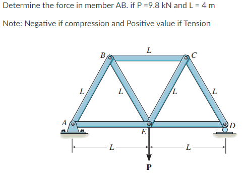 Determine the force in member AB. if P =9.8 kN and L = 4 m
Note: Negative if compression and Positive value if Tension
B
L
L
A
E
L
P
