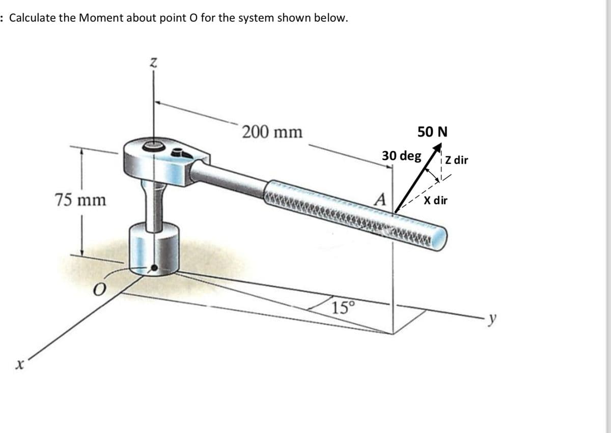 : Calculate the Moment about point O for the system shown below.
75 mm
O
Z
200 mm
15°
50 N
30 deg
A
i Z dir
X dir
y