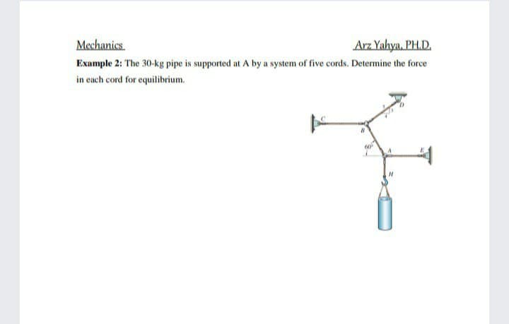 Mechanics
Arz Yahya, PH.D.
Example 2: The 30-kg pipe is supported at A by a system of five cords. Determine the force
in each cord for equilibrium.
