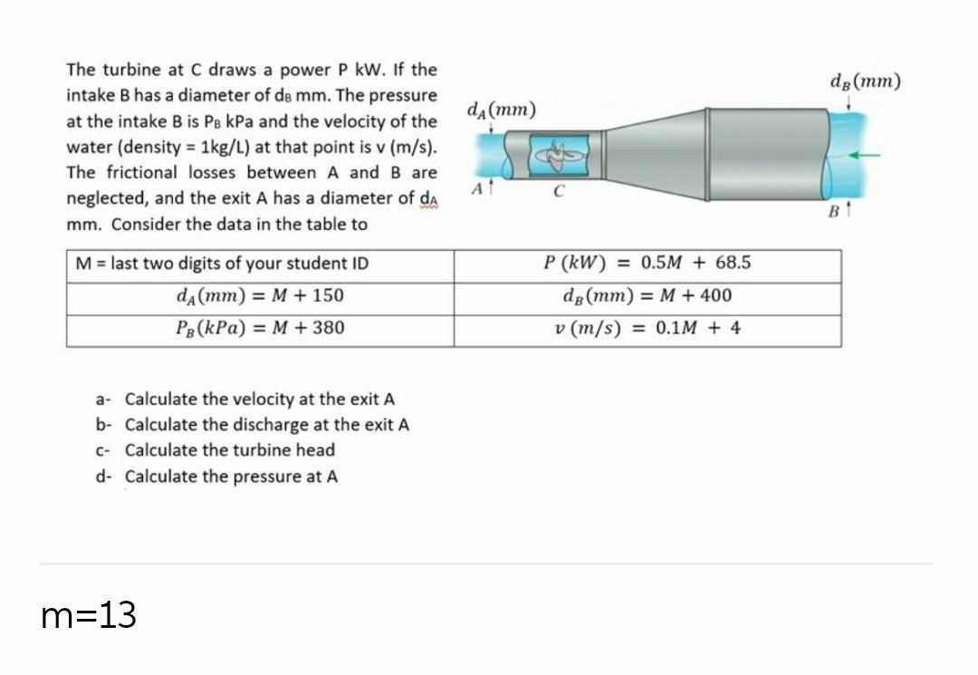 The turbine at C draws a power P kW. If the
intake B has a diameter of de mm. The pressure
dg(mm)
dĄ(mm)
at the intake B is Ps kPa and the velocity of the
water (density = 1kg/L) at that point is v (m/s).
The frictional losses between A and B are
At
neglected, and the exit A has a diameter of da
B1
mm. Consider the data in the table to
M = last two digits of your student ID
P (kW) = 0.5M + 68.5
da(mm) = M + 150
dp (mm) %3D М + 400
PB (kPa) = M + 380
v (m/s) = 0.1M + 4
a- Calculate the velocity at the exit A
b- Calculate the discharge at the exit A
c- Calculate the turbine head
d- Calculate the pressure at A
m=13
