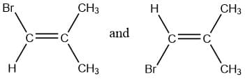 On an Educational website:

**Structural Isomers in Alkenes**

The diagram above illustrates two structural isomers of 2-butene:

1. **Cis-2-butene (left side of the image)**:
   - In this structure, the double bond between the two carbon atoms ensures that the substituents around it cannot rotate freely. The hydrogen (H) atom and bromine (Br) atom are on the same side of the double bond.
   - Structure: \( \text{Br-CH} = \text{C(CH}_3\text{)} - \text{H} \)

2. **Trans-2-butene (right side of the image)**:
   - Here, the double bond between the carbon atoms still remains, but the substituents around the bond differ from the cis-isomer. The hydrogen (H) atom and bromine (Br) atom are on the opposite sides of the double bond.
   - Structure: \( \text{H-CH} = \text{C(CH}_3\text{) - \text{Br} ) \)

These structural isomers depict an important concept in organic chemistry — geometric (cis/trans) isomerism. This type of isomerism is especially relevant in compounds that contain carbon-carbon double bonds, where the spatial arrangement of substituents can vary, leading to different physical and chemical properties.